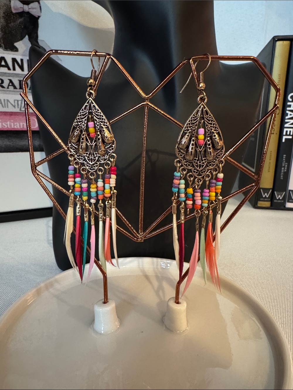Fashion Jewelry Gold Filigree Multicolor Bead & Feather Drop Earrings